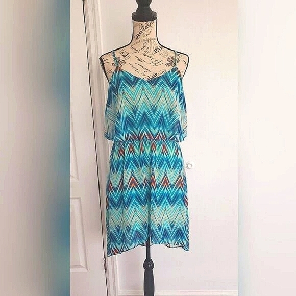 Rue21 Chiffon Sleeveless 2Step Sling Dress Size M Aqua/blue Print. 🌴 - Picture 2 of 7
